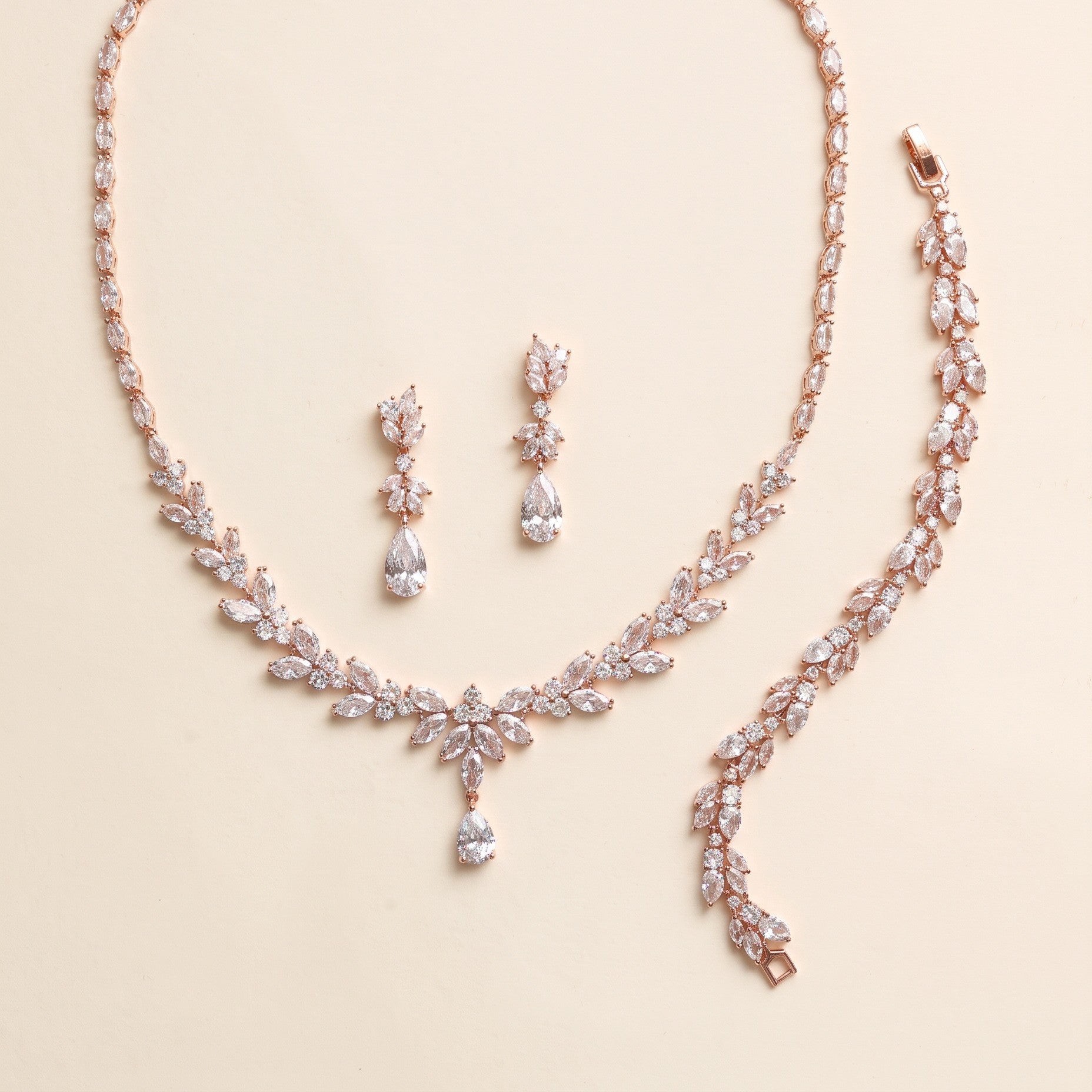 Camilla rose gold cubic zirconia earrings, necklace and bracelet three-piece set