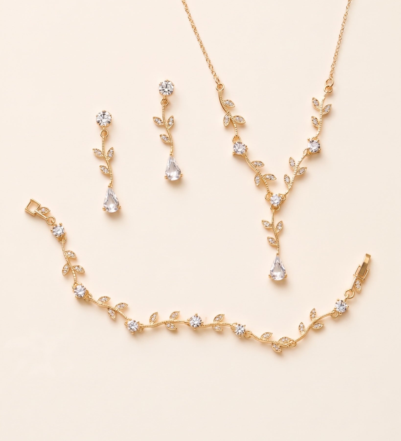 Carla gold crystal vine earrings, necklace and bracelet three-piece set