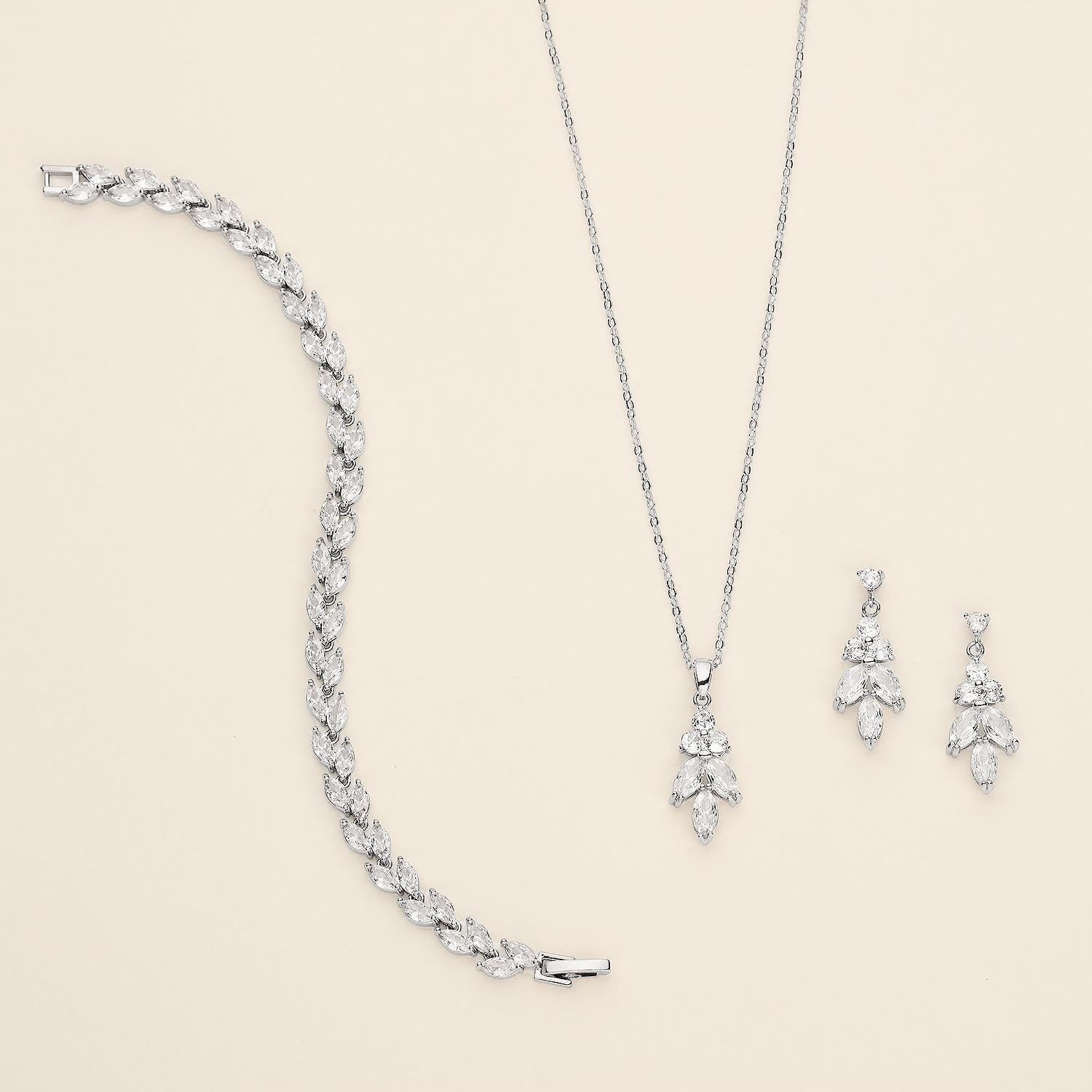 Leaf Drop Bridesmaid Jewelry Set – Marquise Cubic Zirconia Bridal Necklace & Earrings, Wedding Jewelry Gift