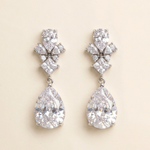 A pair of elegant earrings with large, clear gemstones hanging from the ear lobes.