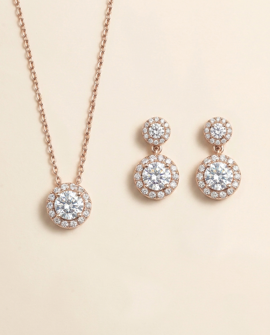 a necklace and earrings set with a delicate and elegant design.
