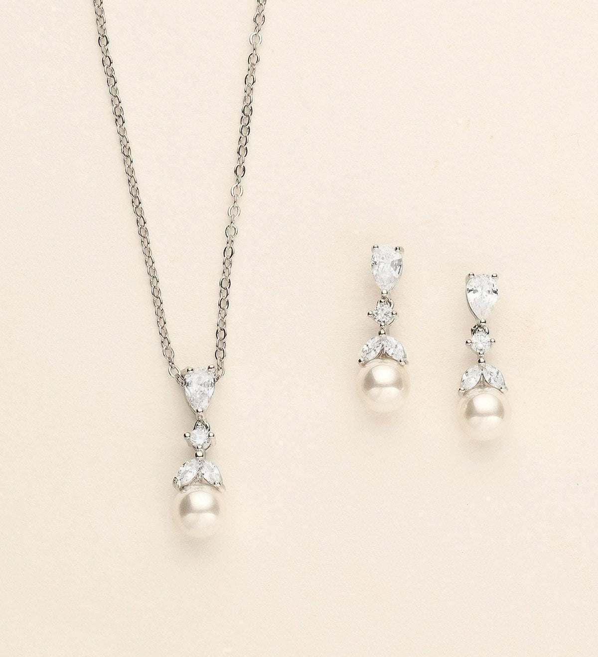 Kathy Pearl Bridesmaid Jewelry Set – Cubic Zirconia Wedding Necklace & Earrings