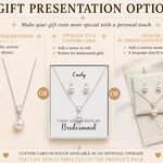 The image is a gift presentation option guide for a bridesmaid gift. It features three different gift options: a standard presentation, an upgrade to a customized card, and an upgrade to a personalized keepsake pouch. The guide provides details on how to make the gift more special with a personal touch, such as adding a name or role, a custom name and wedding role, and a keepsake pouch. The guide also mentions that a custom card or pouch is available as an optional upgrade.