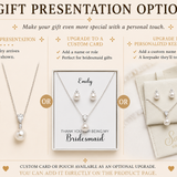 The image is a gift presentation option guide for a bridesmaid gift. It features three different gift options: a standard presentation, an upgrade to a customized card, and an upgrade to a personalized keepsake pouch. The guide provides details on how to make the gift more special with a personal touch, such as adding a name or role, a custom name and wedding role, and a keepsake pouch. The guide also mentions that a custom card or pouch is available as an optional upgrade.