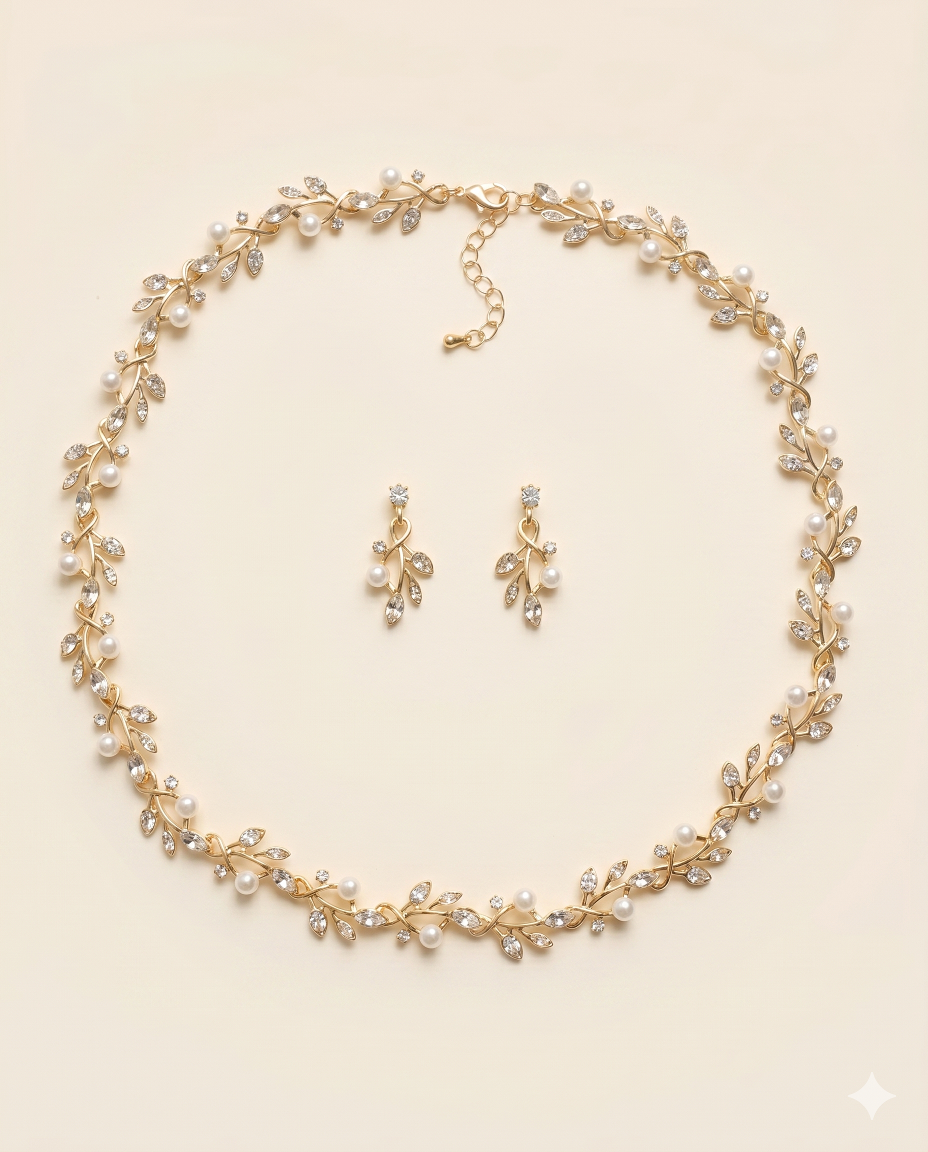 A delicate gold necklace with a leaf-shaped pendant and a pair of dangling earrings are arranged in a circular pattern on a light-colored background.