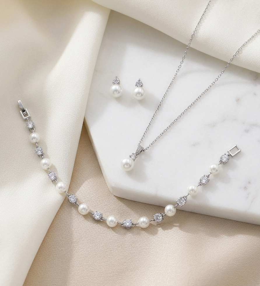 A delicate necklace, bracelet, and earrings are arranged on a white marble surface, creating an elegant and sophisticated display.