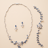 Dahlia Sapphire & Pearl Bridal Jewelry Set - CZ Wedding Necklace & Earrings