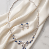 Dahlia Sapphire & Pearl Bridal Jewelry Set - CZ Wedding Necklace & Earrings