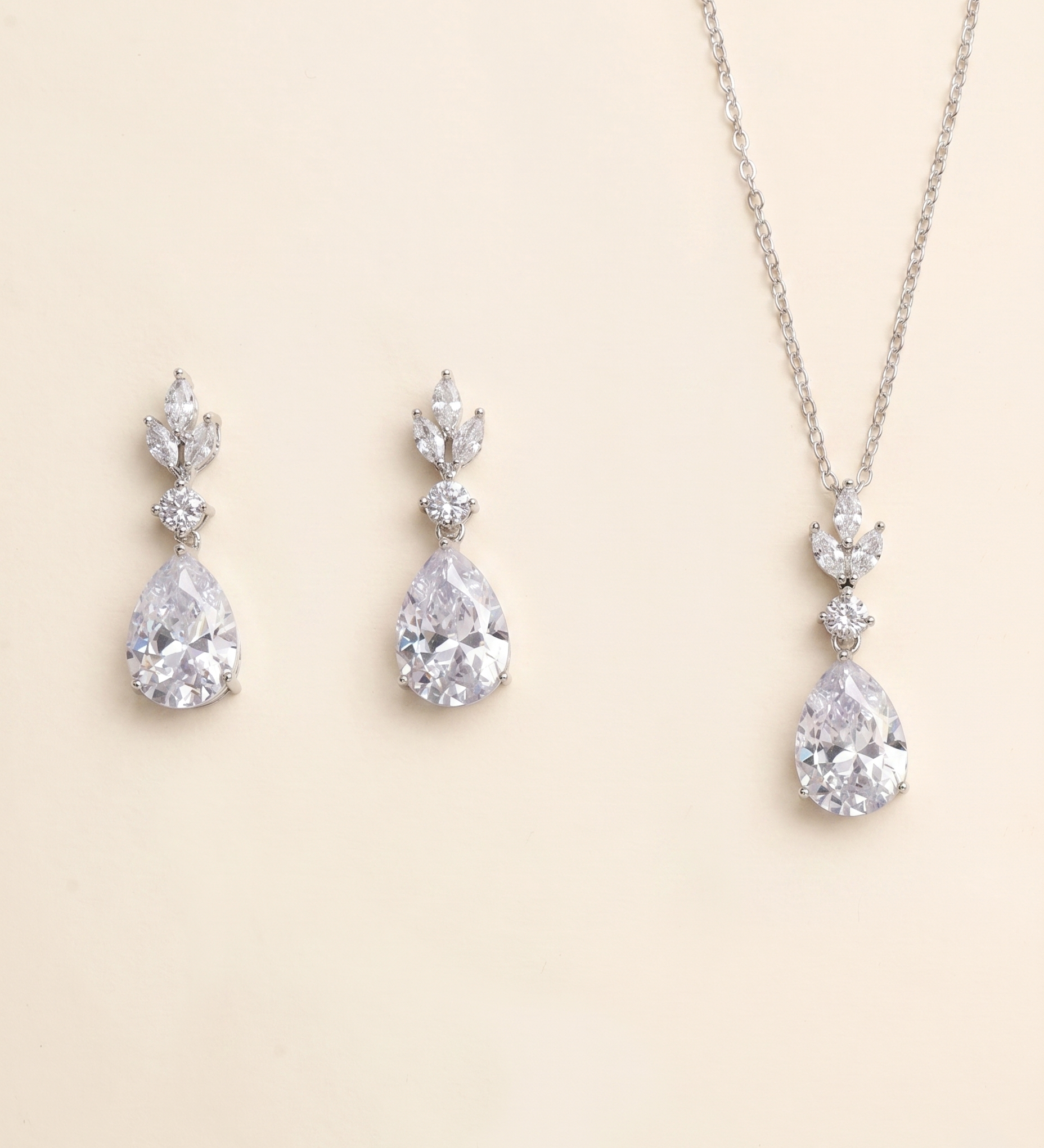 Dangle Drop Bridesmaid Jewelry Set – Teardrop Cubic Zirconia Bridal Necklace and Earrings