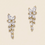 two elegant gold earrings with clear gemstones, showcasing their intricate designs and sparkling appearance.