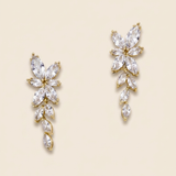 two elegant gold earrings with clear gemstones, showcasing their intricate designs and sparkling appearance.