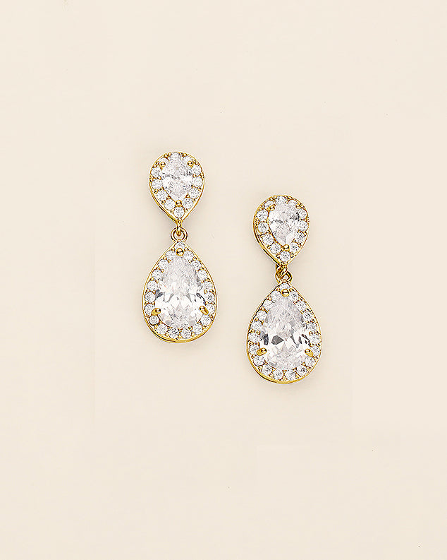 a pair of diamond earrings on a white background