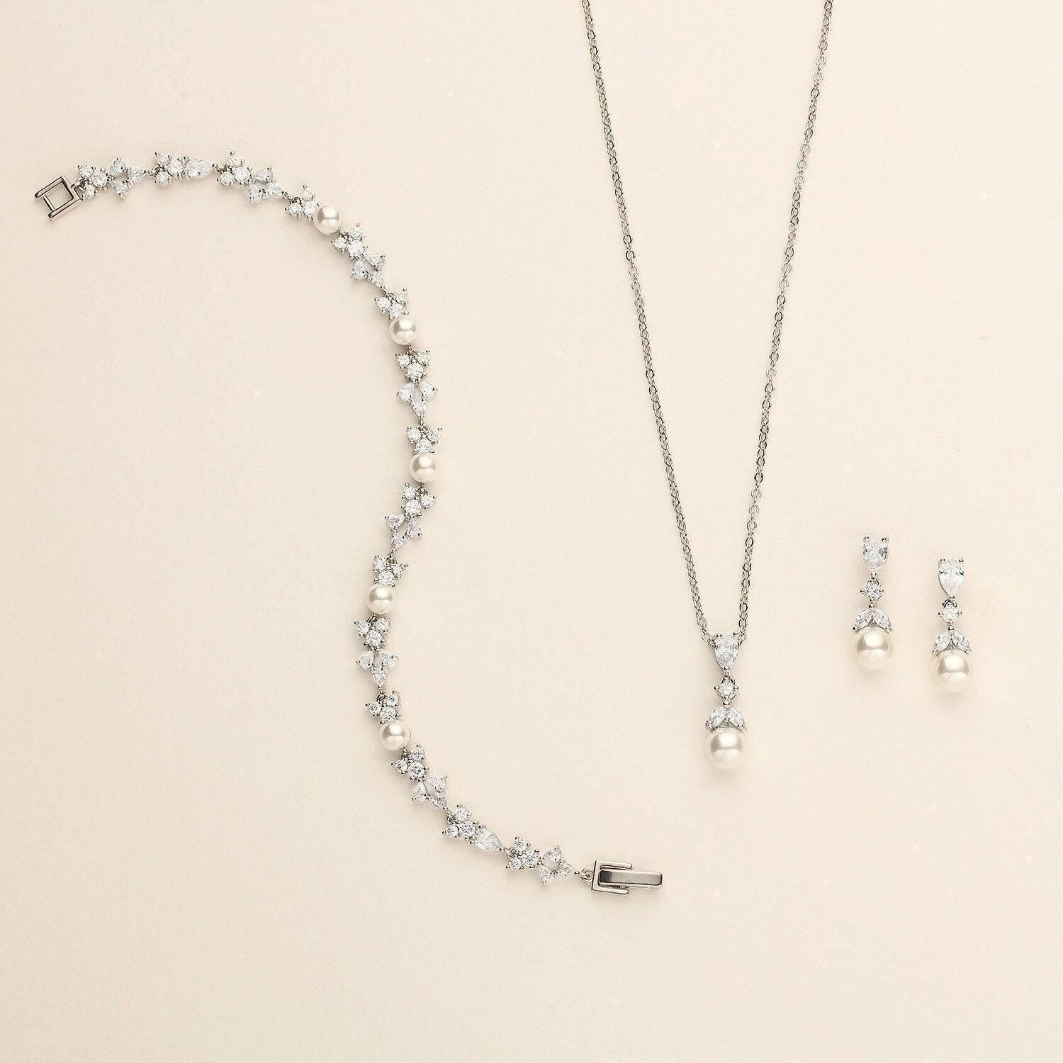 Kathy Pearl Bridesmaid Jewelry Set – Cubic Zirconia Wedding Necklace & Earrings