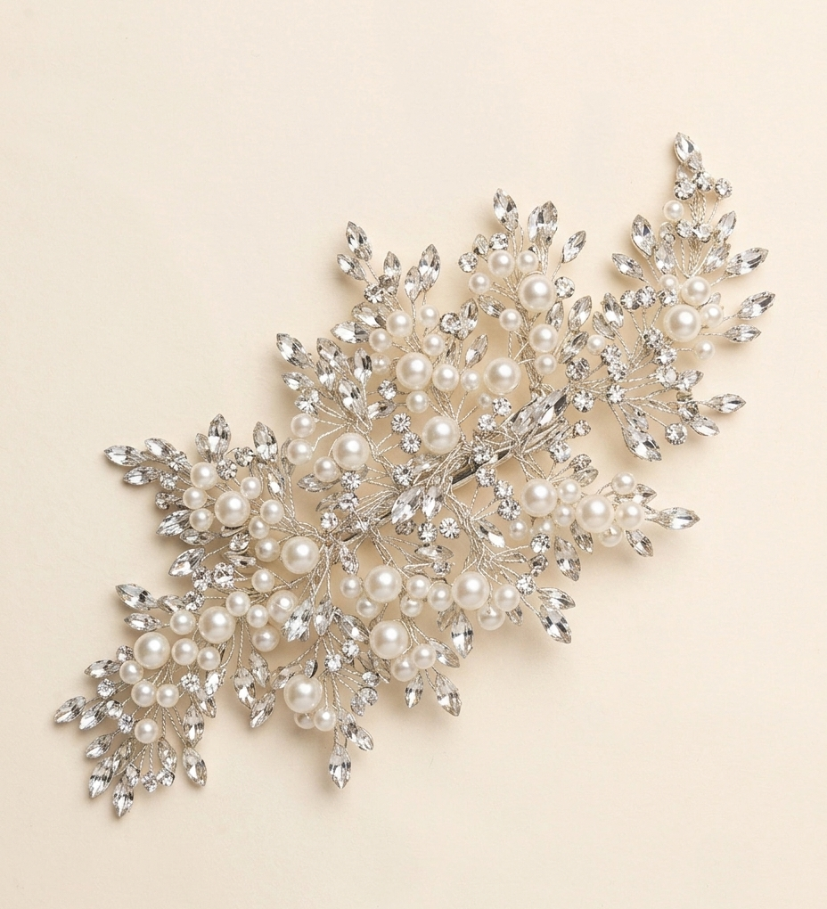 a decorative piece of jewelry with a combination of pearls and crystals, including a large cluster of pearls and smaller crystals arranged in a visually appealing manner.