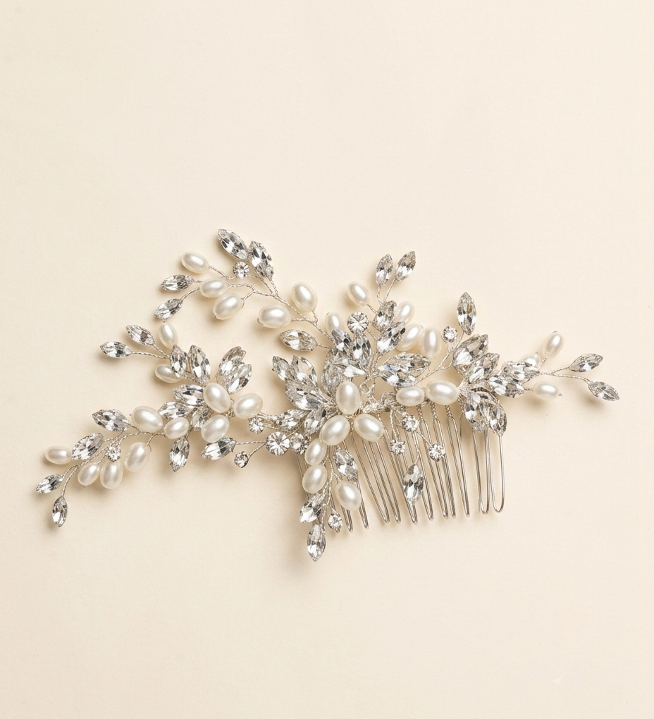 A decorative hair accessory with a combination of pearls, crystals, and branches.