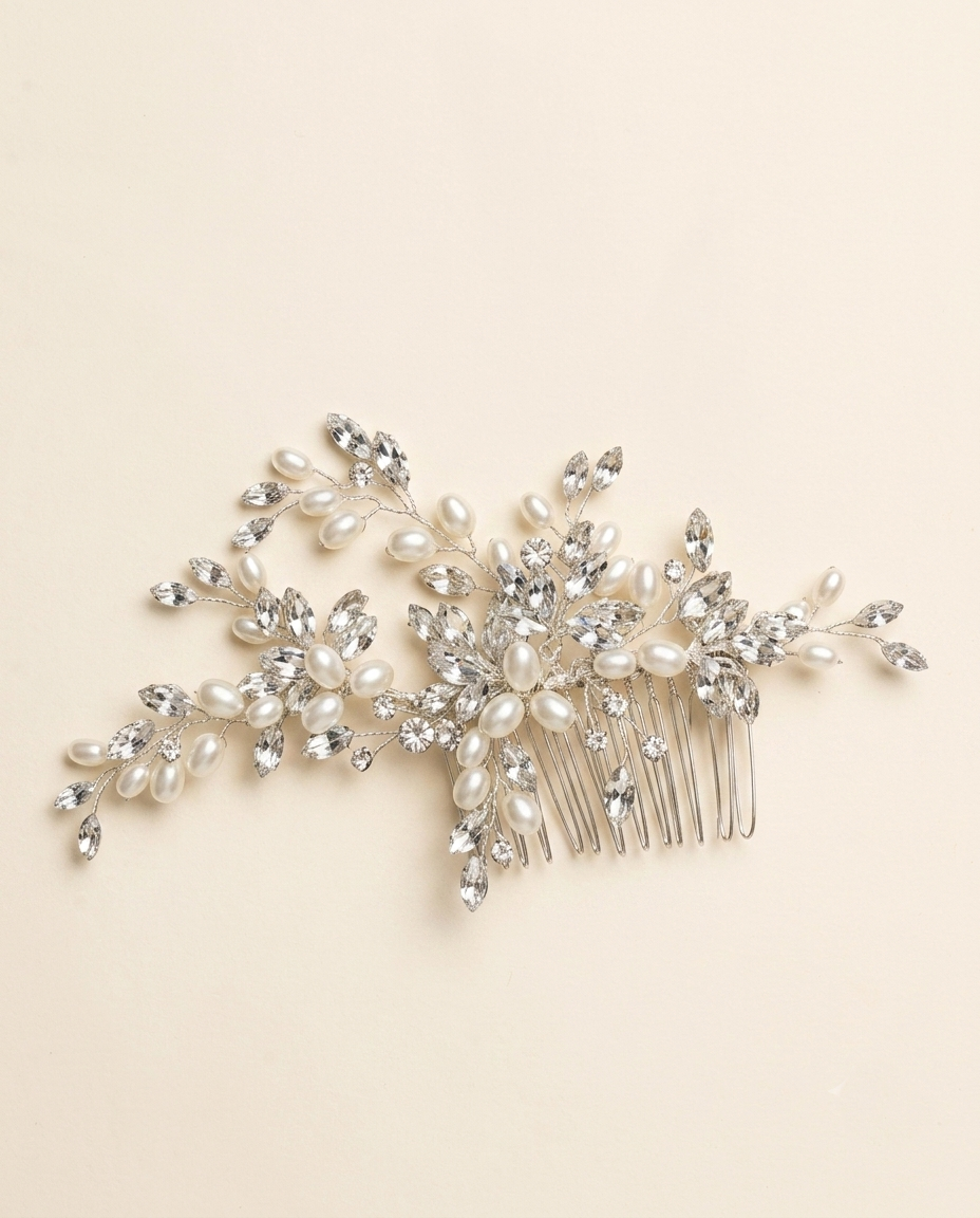 A decorative hair accessory with a combination of pearls, crystals, and branches.