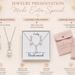 The image is a jewelry presentation advertisement that showcases various jewelry options for a bridesmaid, including a standard presentation, a custom card option, and a jewelry pouch option. The ad highlights the extra special nature of the jewelry presented, such as the addition of a name and a personal message, and emphasizes the thoughtful presentation and gift-ready nature of the jewelry.
