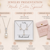 The image is a jewelry presentation advertisement that showcases various jewelry options for a bridesmaid, including a standard presentation, a custom card option, and a jewelry pouch option. The ad highlights the extra special nature of the jewelry presented, such as the addition of a name and a personal message, and emphasizes the thoughtful presentation and gift-ready nature of the jewelry.