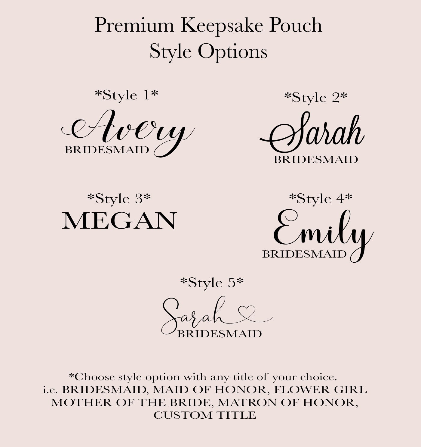 a collection of text styles and names, likely representing different styles of bridesmaid dresses or bridesmaid titles.