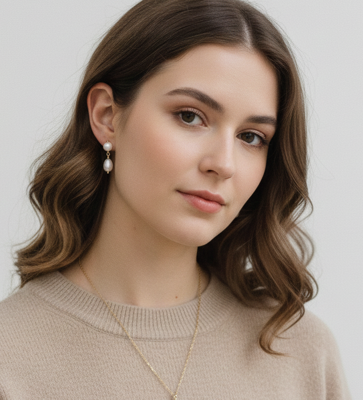 A woman with long, wavy brown hair wearing a beige sweater and a necklace with a pendant.