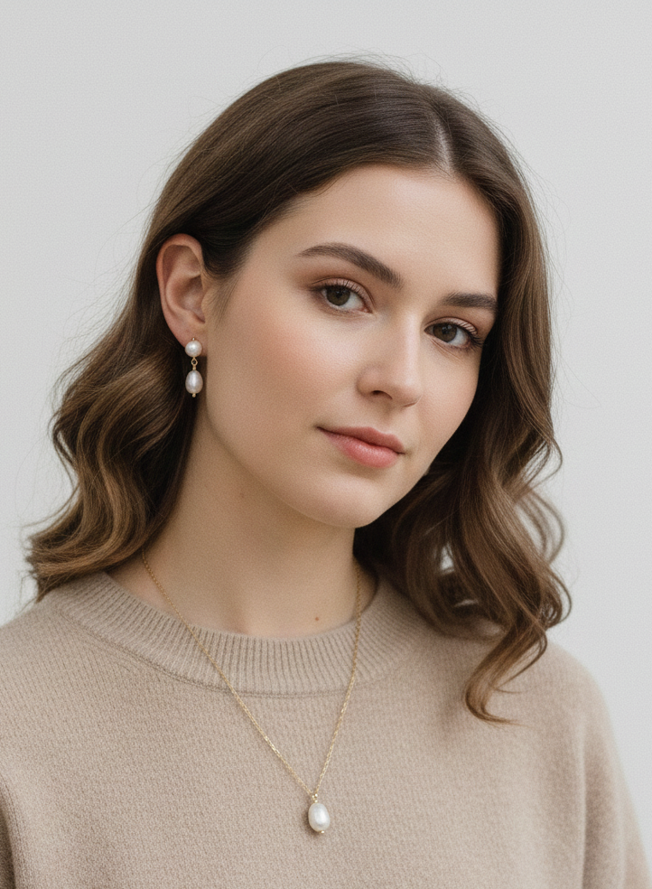 A woman with long, wavy brown hair wearing a beige sweater and a necklace with a pendant.