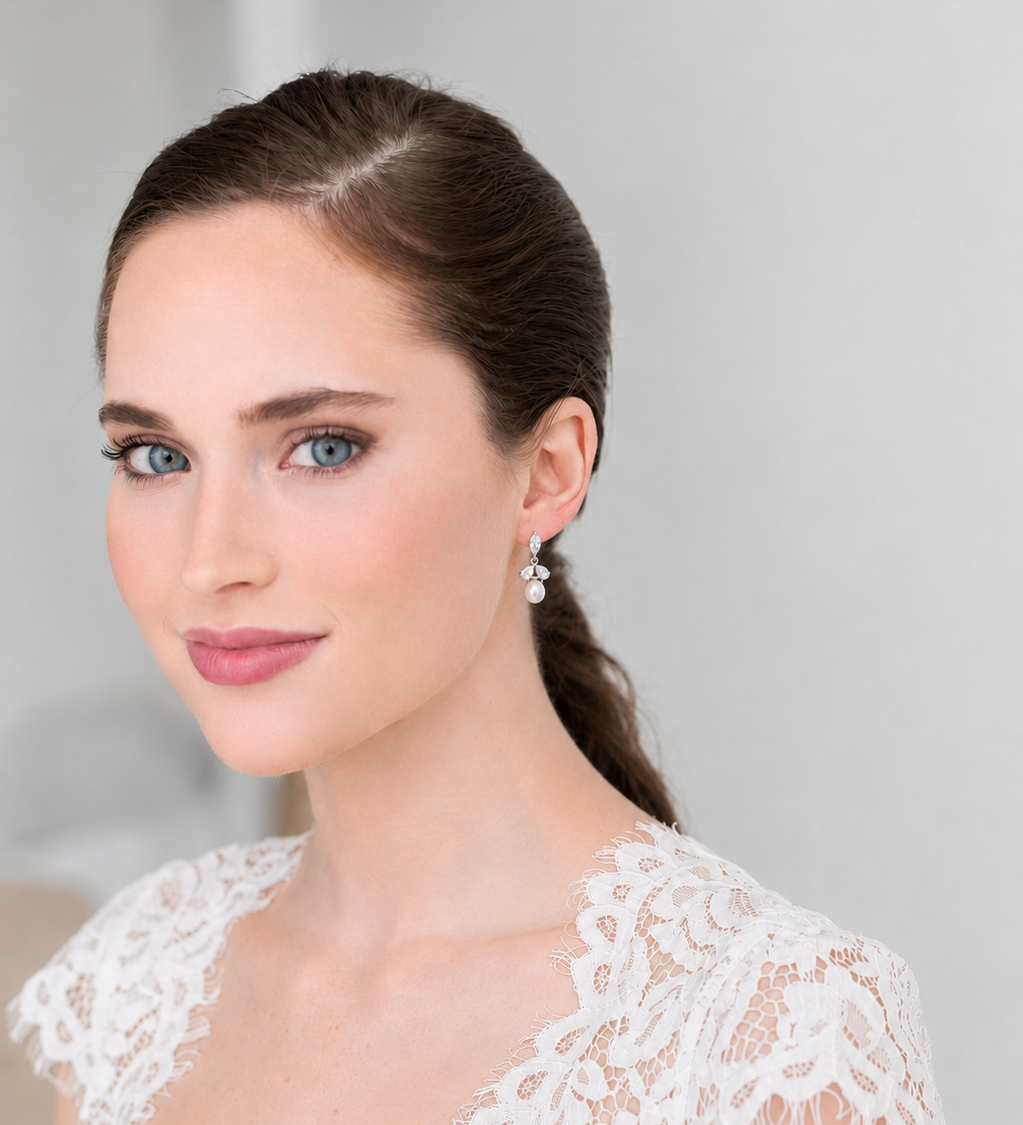 A woman with brown hair and blue eyes wearing a white lace dress and earrings, smiling at the camera.