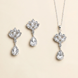 a set of elegant jewelry pieces, including a necklace and earrings, all featuring large, sparkling crystal stones.