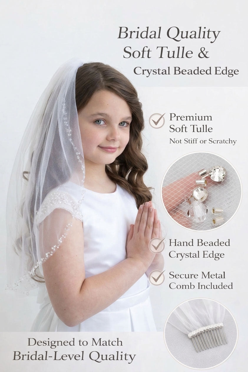 A young girl wearing a white dress and veil, with text highlighting the quality and features of the product.