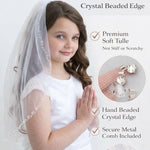 A young girl wearing a white dress and veil, with text highlighting the quality and features of the product.