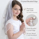 A young girl wearing a white dress and veil, with text highlighting the quality and features of the product.
