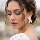 Floral Clay Flower Bridal Earrings with Freshwater Pearls - Silver Wedding Earrings