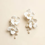 Floral Clay Flower Bridal Earrings with Freshwater Pearls - Silver Wedding Earrings