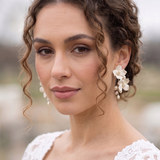 Floral Clay Flower Bridal Earrings with Freshwater Pearls - Silver Wedding Earrings