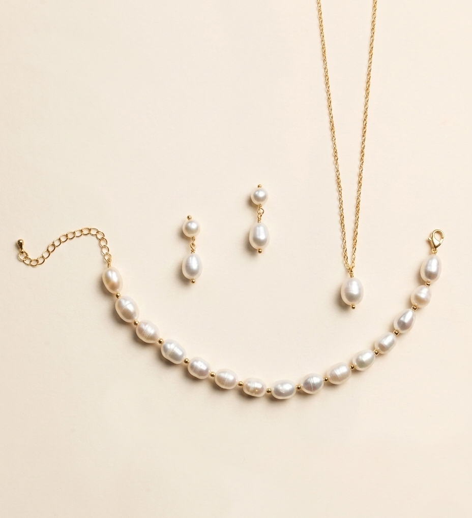 Freshwater Pearl Bridal Jewelry Set – Gold Necklace & Earrings