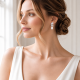 Gabriella silver-finish floral drop earrings worn with a bridal updo and white dress