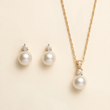 Jennifer gold pearl stud earrings and crystal pearl pendant necklace two-piece jewelry set