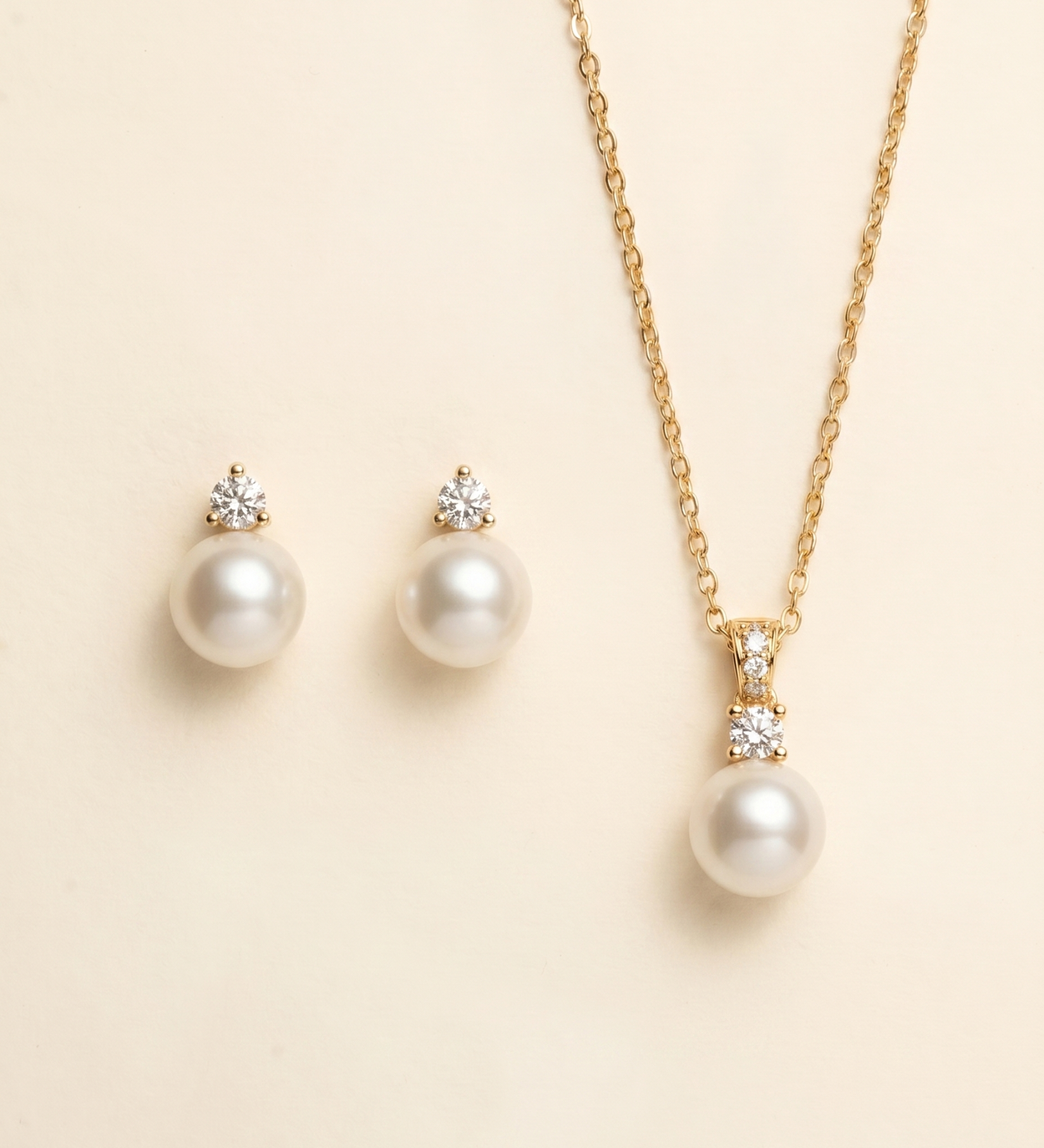 Jennifer gold pearl stud earrings and crystal pearl pendant necklace two-piece jewelry set
