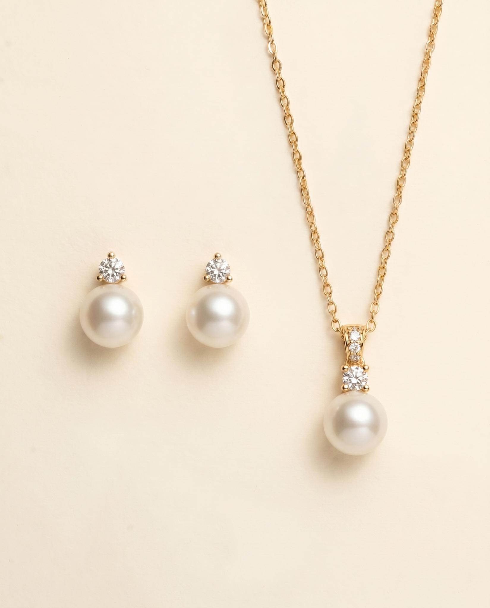 Jennifer gold pearl stud earrings and crystal pearl pendant necklace two-piece jewelry set