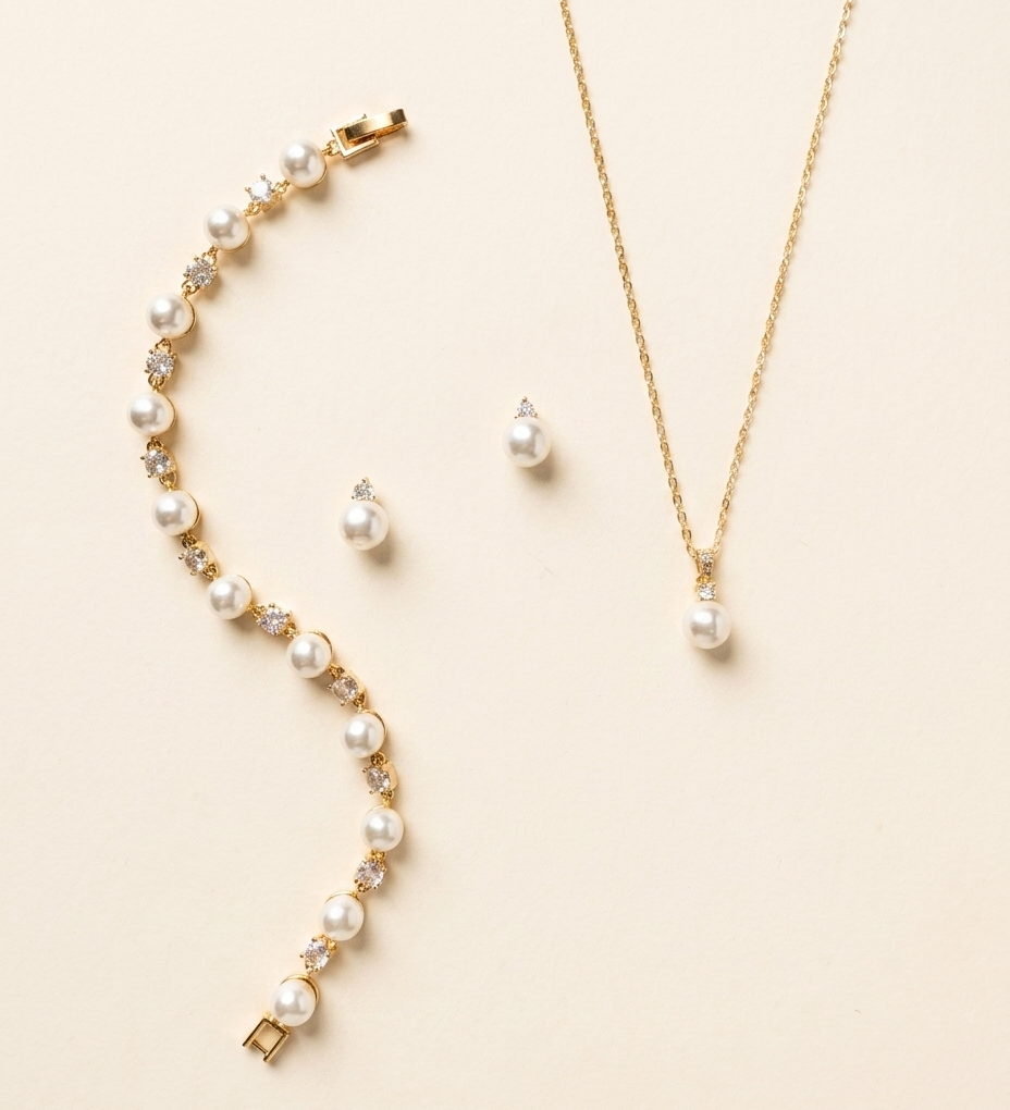 Jennifer Pearl Bridal Jewelry Set – CZ & Pearl Necklace & Stud Earrings