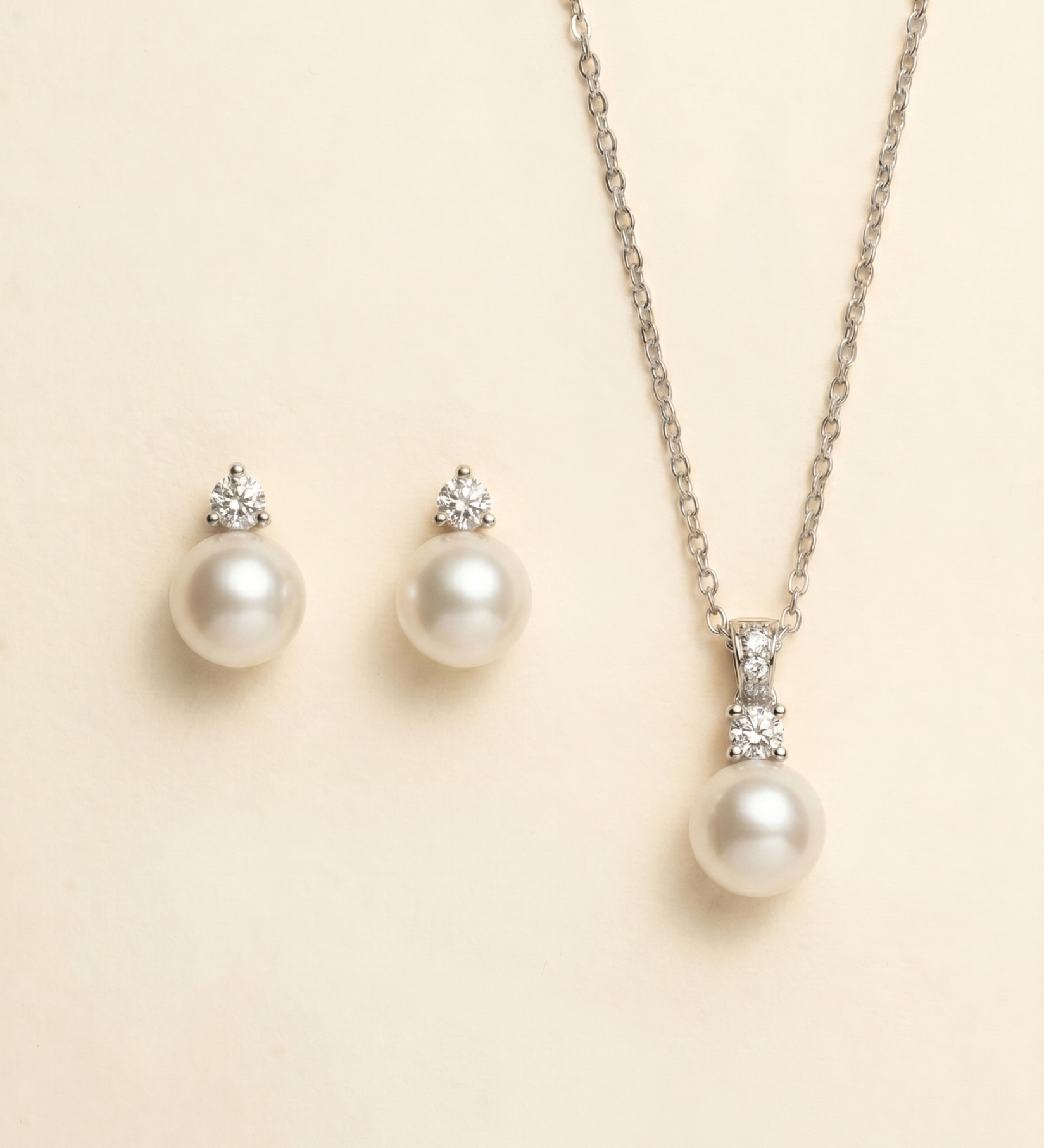 Jennifer silver pearl and cubic zirconia earrings and necklace two-piece set