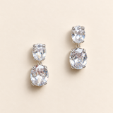 Josephine silver-finish drop earrings with clear faceted cushion-shaped accents and double-prong detail