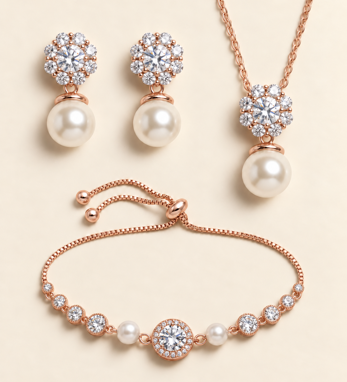 Livia rose gold three-piece pearl and cubic zirconia jewelry set with earrings, necklace, and slider bracelet.