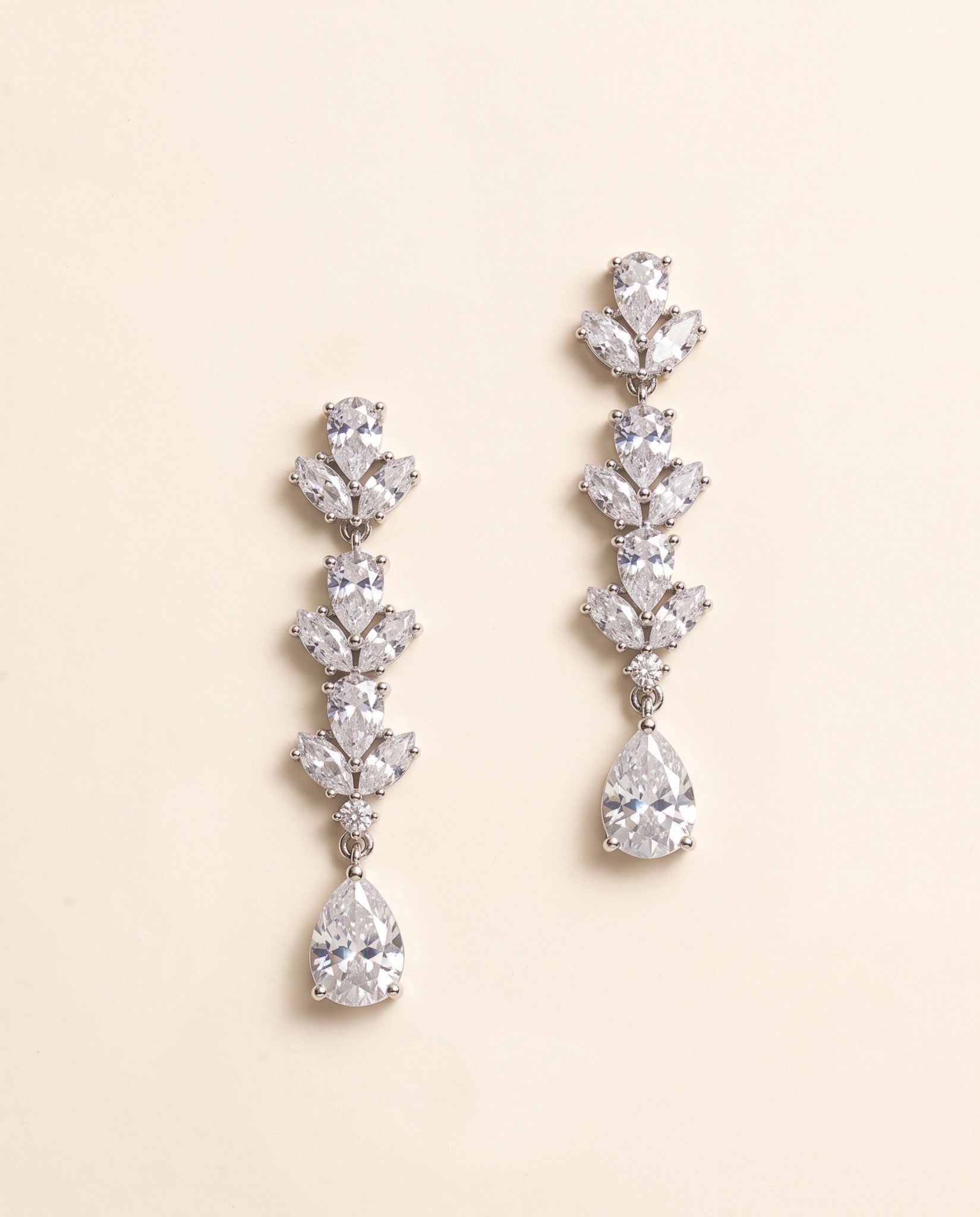 Melody silver CZ bridal earrings with marquise clusters and pear-shaped teardrops