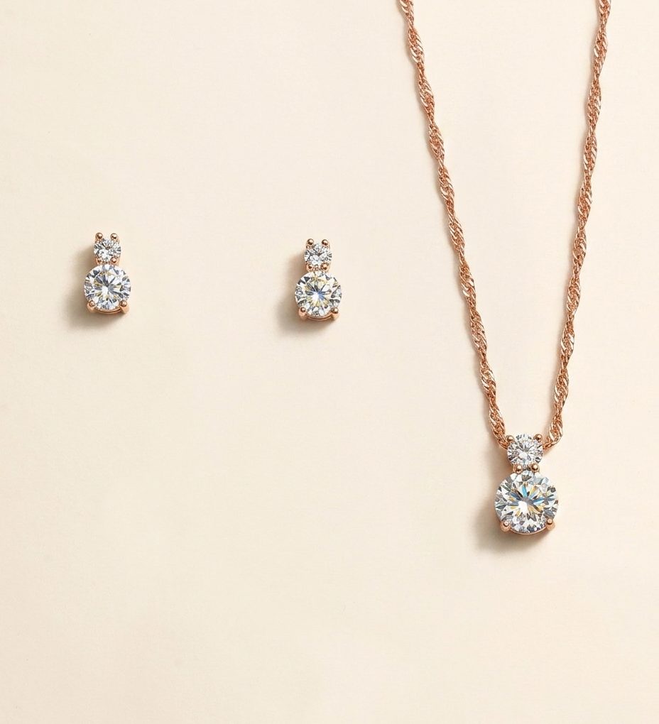 Petite Round Jewelry Set – Dainty CZ Necklace & Stud Earrings