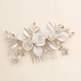 Rose Petals Bridal Hair Comb – Clay Flower Pearl Crystal Wedding Comb Silver Floral Hair Accessory