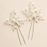 Sprigs Pearl Hair Pins Set of 2 – Freshwater Pearl Crystal Bridal Hair Pins Silver Wedding Hair Accessories